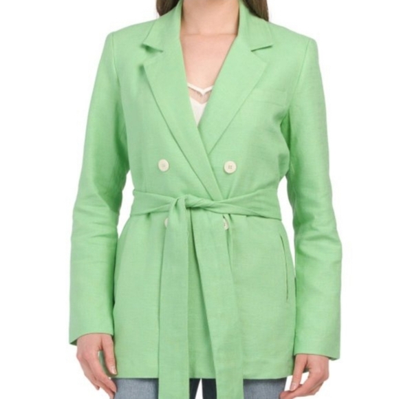 House Of Harlow Light Green Linen Blend Long Double Breasted Blazer Jacket Sz XS - Picture 3 of 8